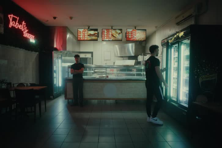 Young people stand around a dimly lit fastfood restaurant with neon signs and large refrigerated beverage coolers