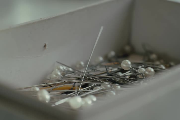 A closeup view of a small box reveals sewing pins with white round heads