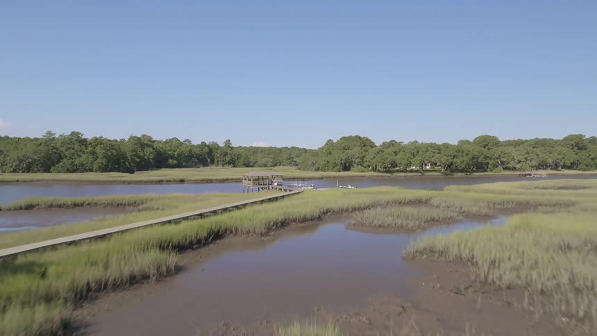 Landscape of a lake surrounded by vegetation and a pier with boats around it