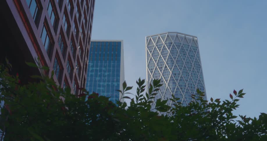 Low angle panoramic view of canary wharf buildings in london