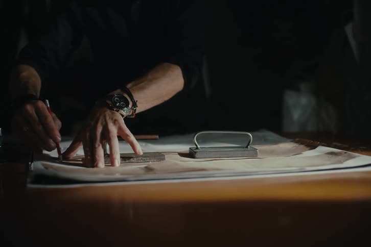 Pair of hands of a man with a pencil working on a wooden table