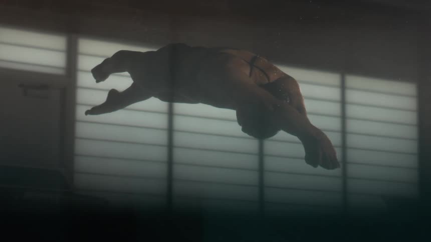 Person in position and jumping diving into the pool