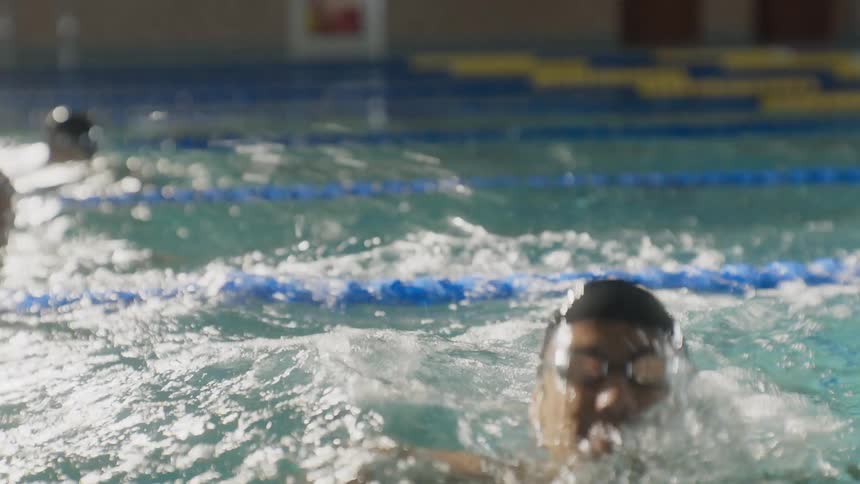 A swimmer wins and is congratulated in the pool