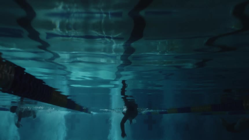 A view of a group of people swimming underwater in a pool viewed from below