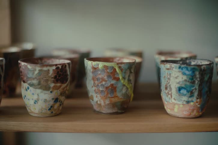 Colorful cups on a wooden shelf