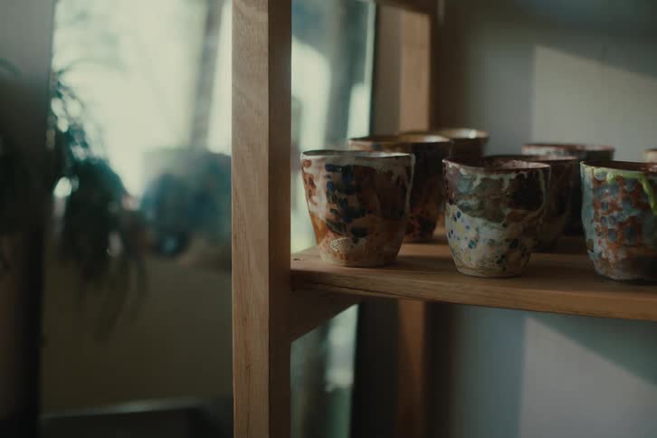 Artistic cups on a wooden shelf