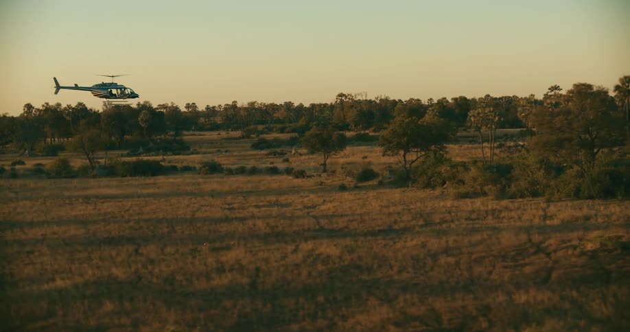 A helicopter flying over a savanna