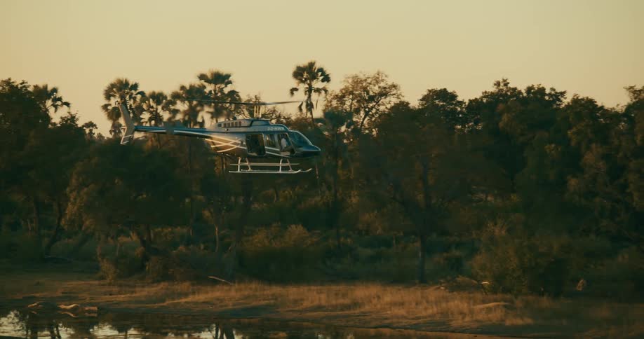 A helicopter flying over a river and behind it there is a forest