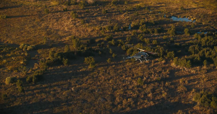Helicopter flying above a jungle