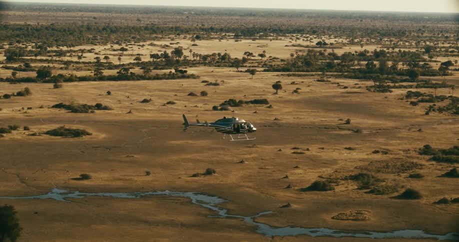 Helicopter flies over a river winding through a grassland dotted with trees