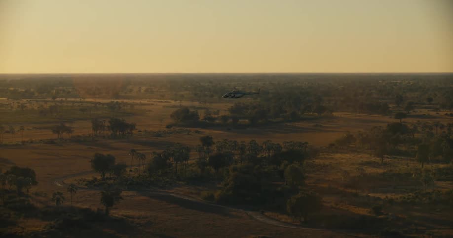 A helicopter descends towards a savanna dotted with small forests
