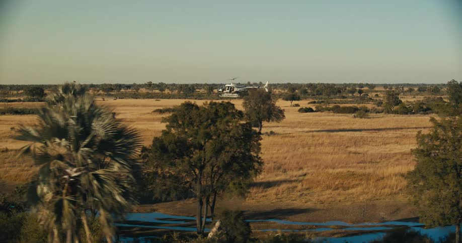A helicopter flies over a shallow river near a grassland