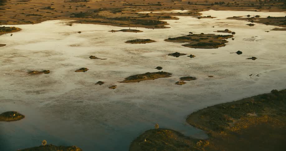 Aerial view of a marsh area with patches of water interspersed with dry land and vegetation