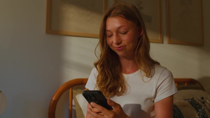 A teenage girl smiles while looking at her smartphone in a bedroom