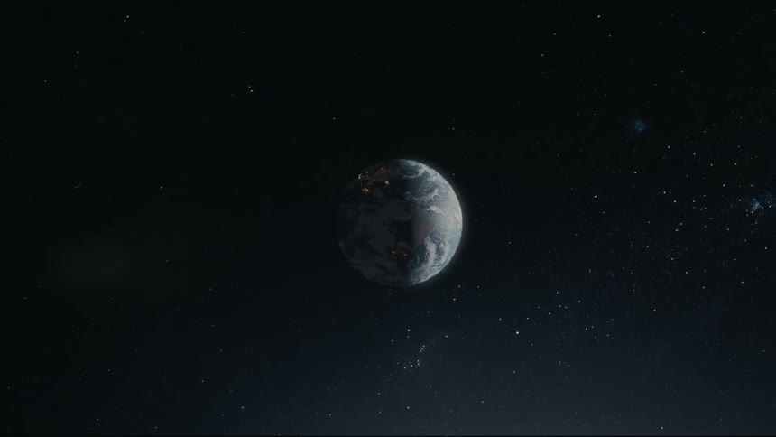 A partially illuminated earth with visible continents and swirling clouds hangs in the vastness of space surrounded by twinkling stars