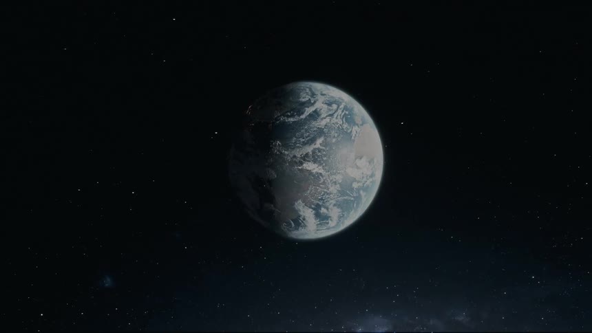A partially illuminated earth with visible continents and swirling clouds hangs in the vastness of space surrounded by twinkling stars