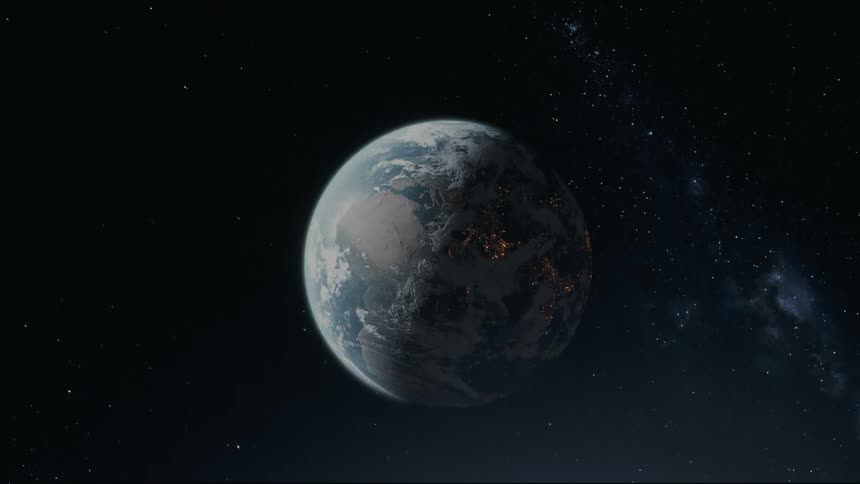A partially illuminated earth with visible continents and swirling clouds hangs in the vastness of space surrounded by twinkling stars