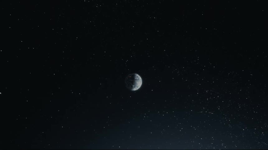 A partially illuminated earth with visible continents and swirling clouds hangs in the vastness of space surrounded by twinkling stars