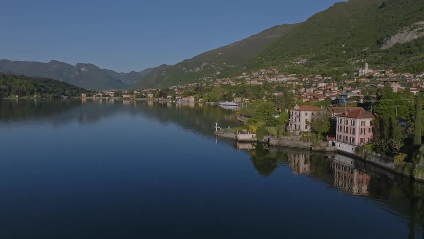 Panorama of an urban city on the edge of a lake and surrounded by mountains