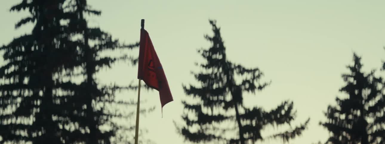 Red golf flag against the background of trees silhouette