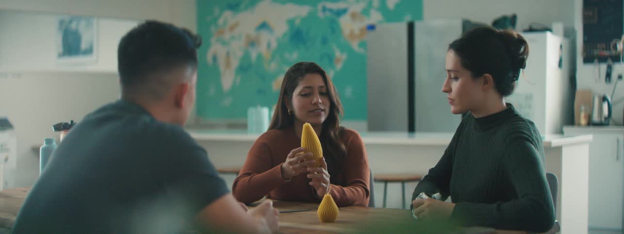Coworkers discuss the design of their product during an office meeting