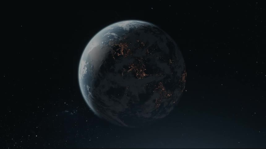 View of earth from space highlighting the lights of illuminated cities and surrounding stars