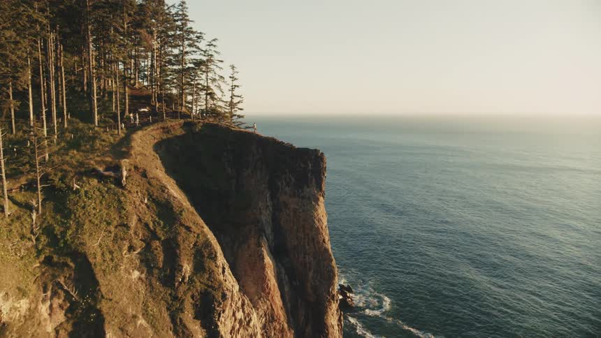 Aerial view of a steep crust with cliffs in vegetation by the sea