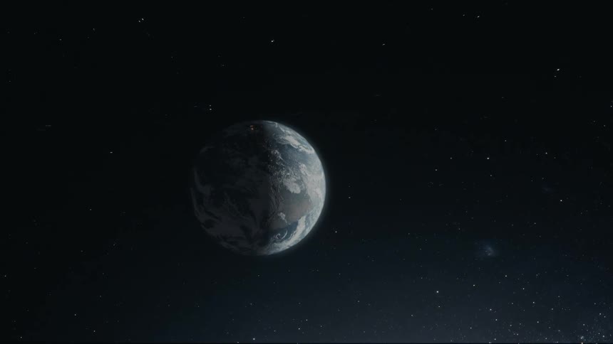 A partially illuminated earth with visible continents and swirling clouds hangs in the vastness of space surrounded by twinkling stars