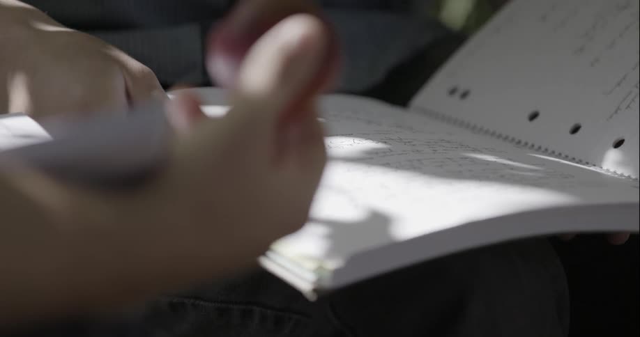 Two men browse through a notebook