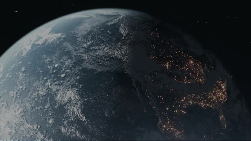 Panorama of planet earth illuminated and with nighttime parts seen from space