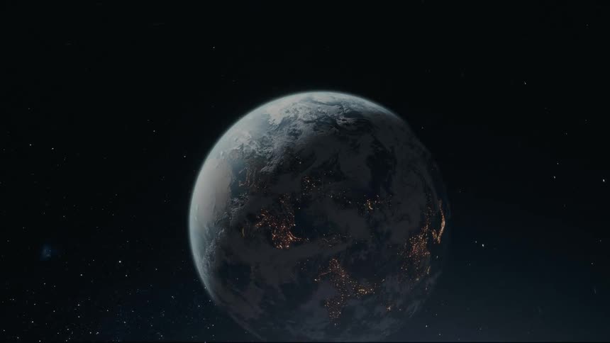 A depiction of planet earth with cities lit up orbiting the sun