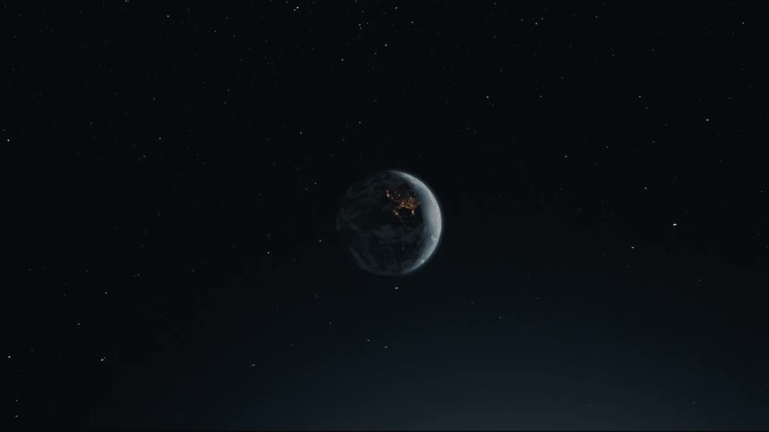 Panorama from space with bright planet earth orbiting at night