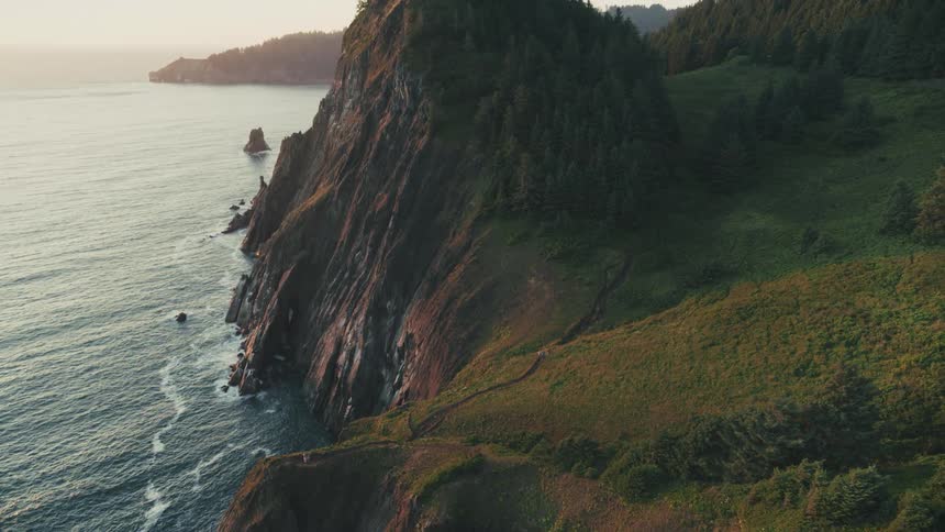 Aerial view of a rocky coastline with seaside vegetation