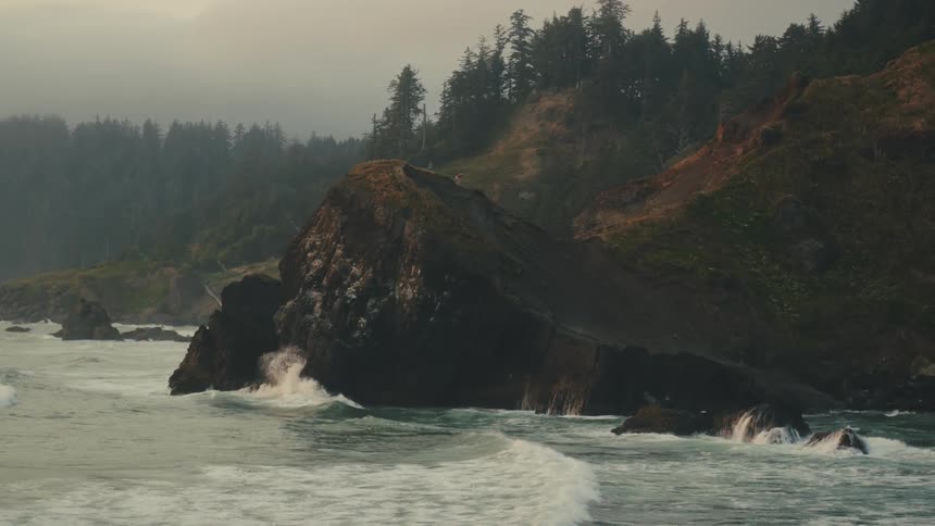 Scene of a beach with rocky coastline on a foggy day
