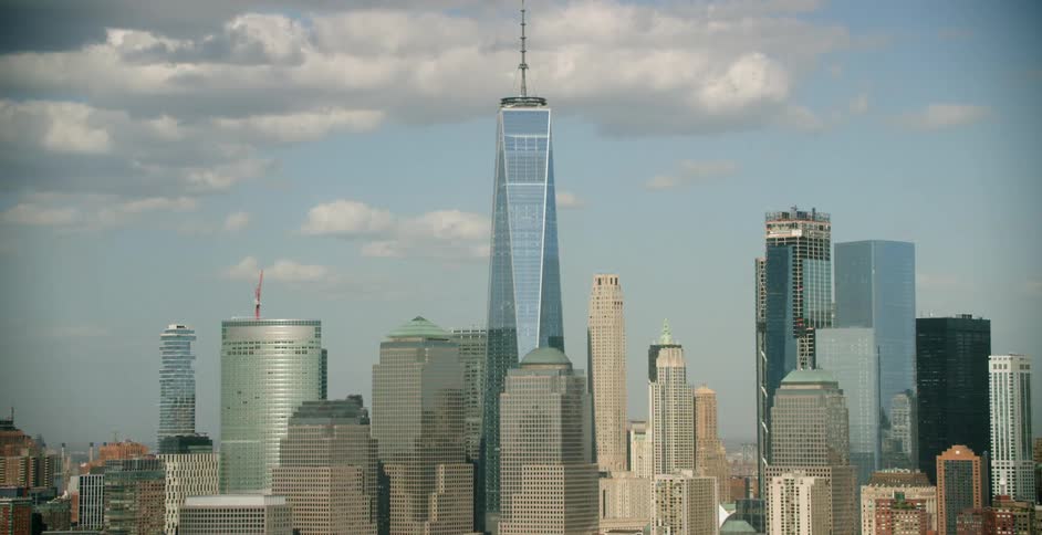 A view of large buildings about half way up