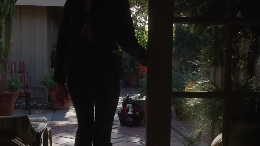 A woman in a black jacket walks toward a large bag with a dog behind her seen through a glass doorway