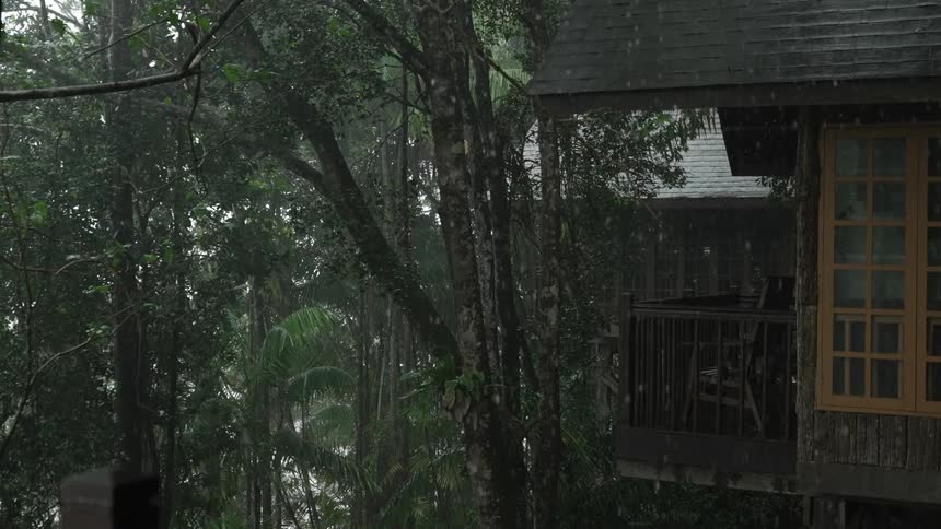 Snowing over a cottage in a forest