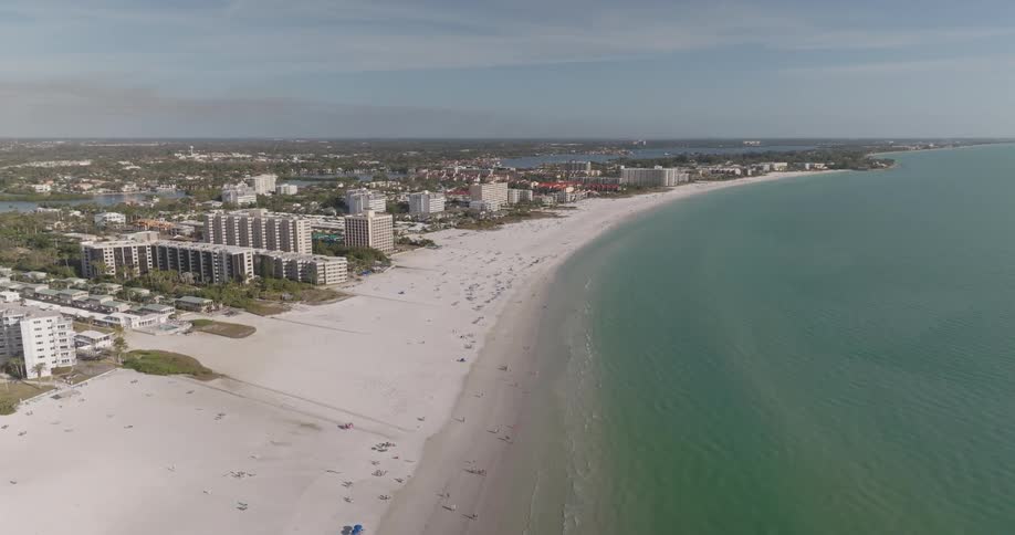 Aerial view of a beach in a coastal city