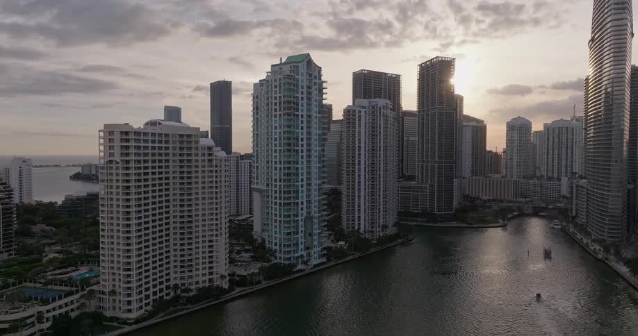 Aerial panorama of a metropolis with modern skyscrapers on the seafront