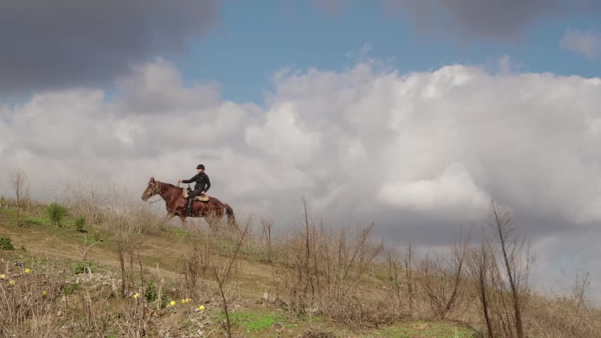 Riding a horse up a grassy hill
