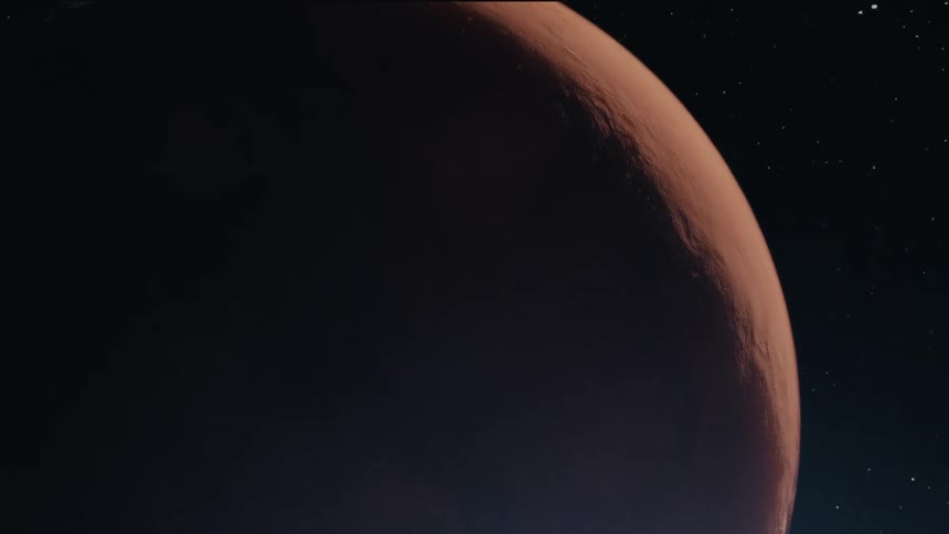 A partially illuminated reddishbrown planet against a dark starry background