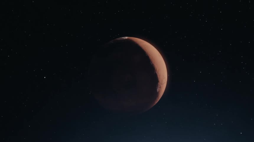 A halfilluminated reddish planet against a starry black background