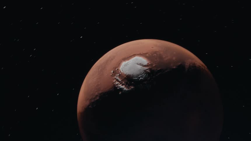 A white hill is on the red planet