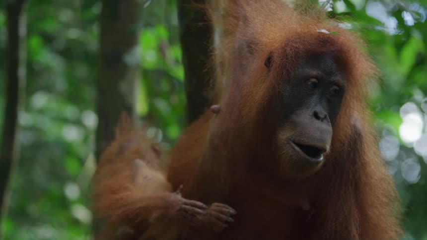 Mother orangutan with her baby in the trees of a forest