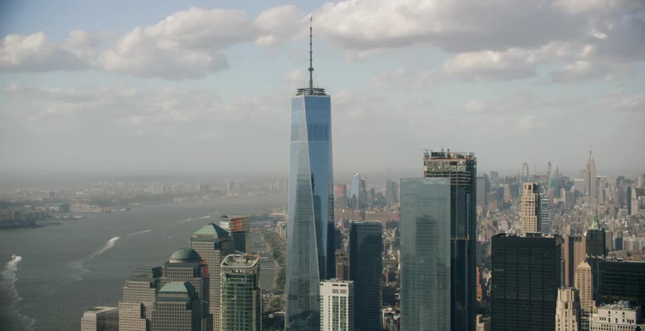 A shot of a city skyline filmed from the air