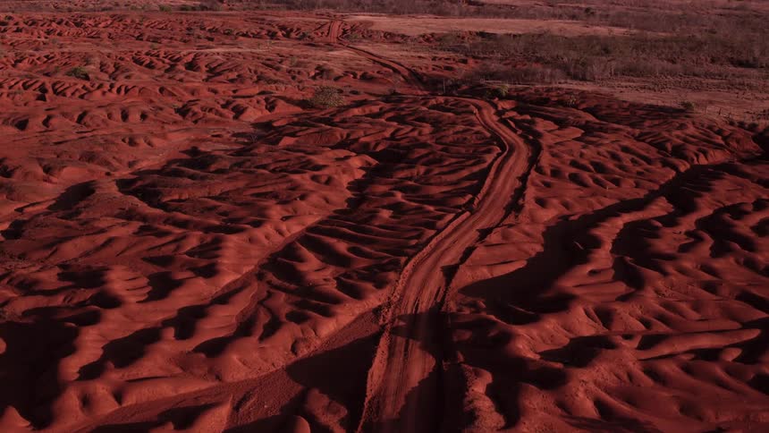 The landscape has a trail running through the dirt