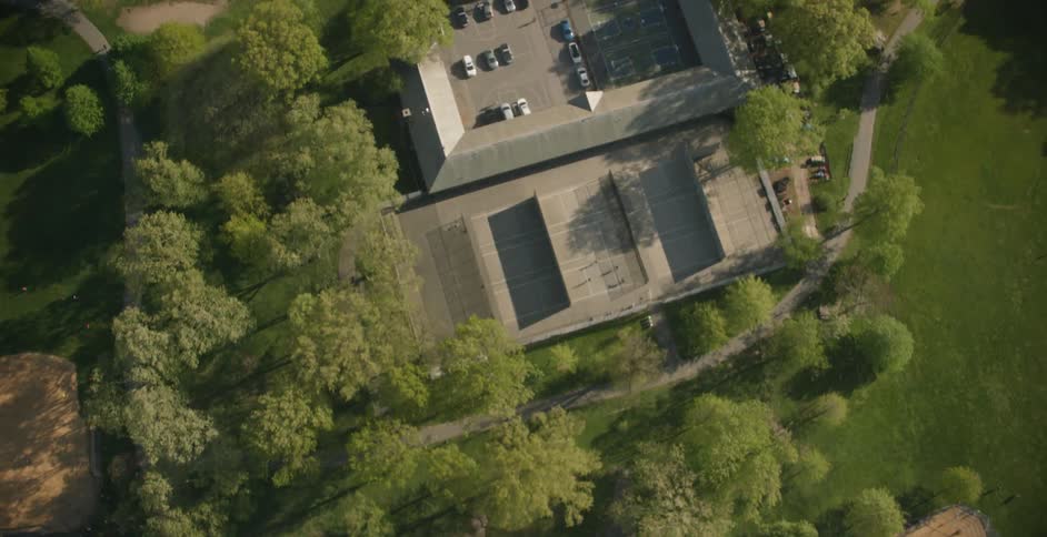 Aerial view of a baseball park and its surroundings