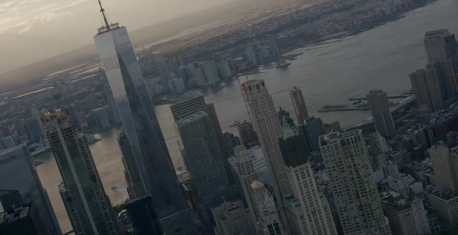 Aerial view of the freedom tower and other buildings surrounding it