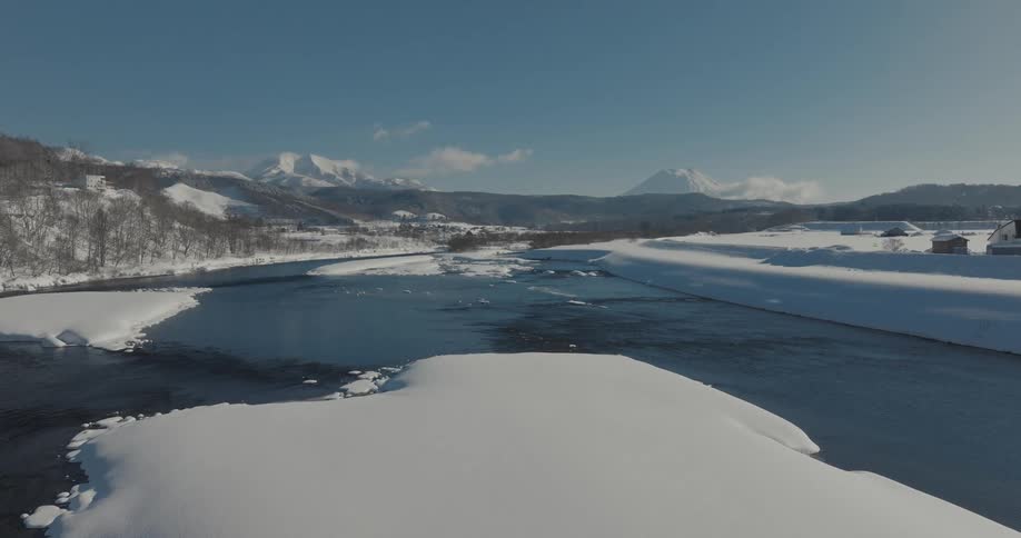 Aerial panorama of a lake surrounded by snowcovered lands and mountains in the background
