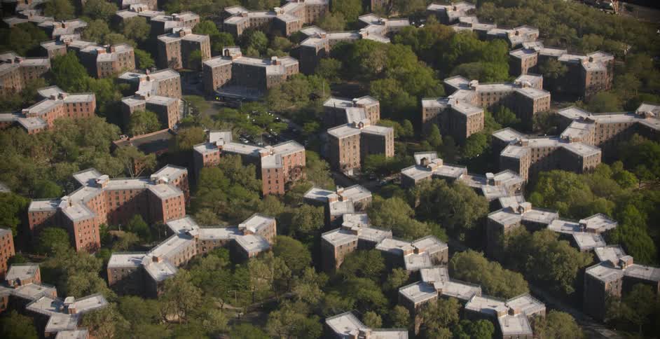 Below are building complexes with many trees around